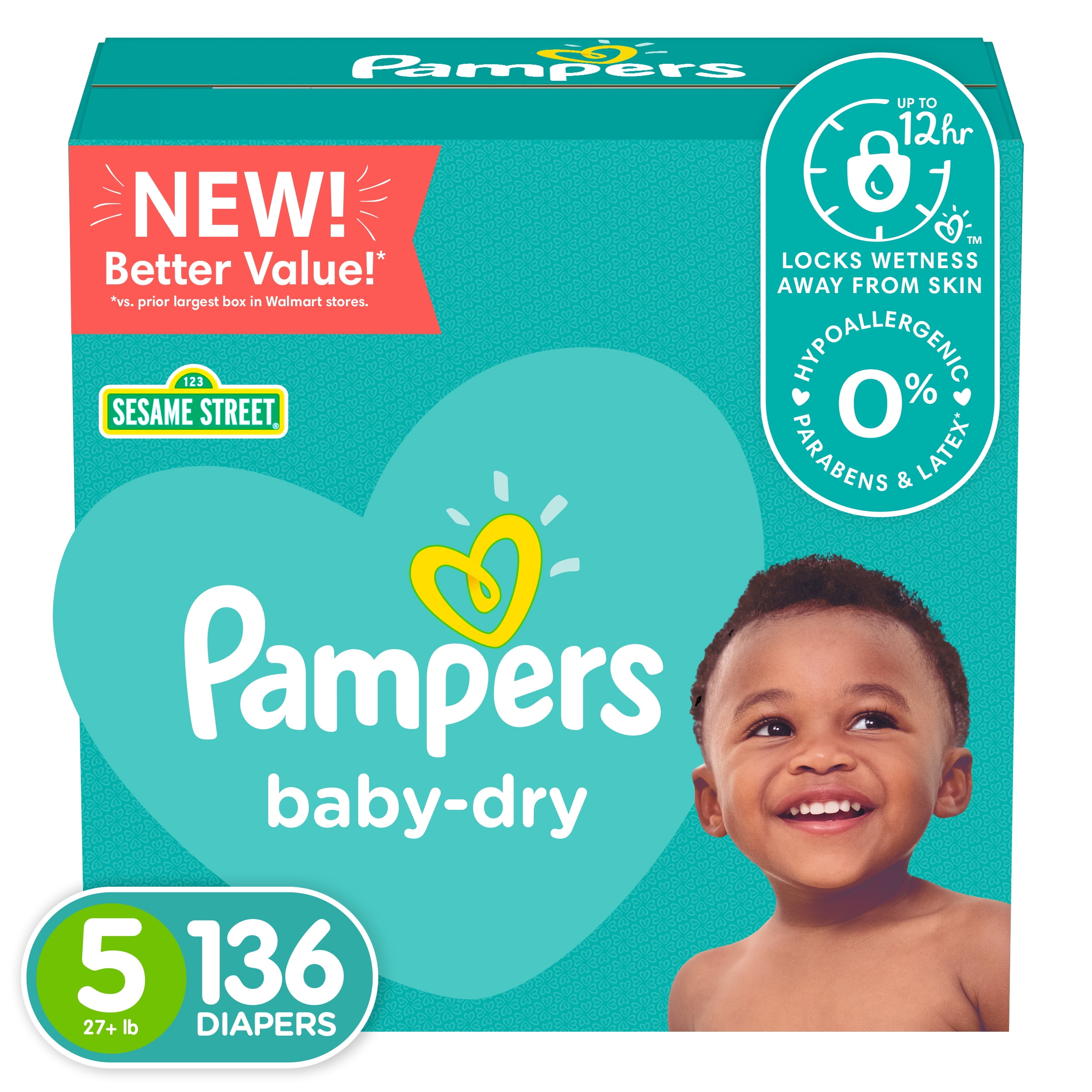 Pampers Baby-Dry Hypoallergenic Diapers, Size 5, 136 Count, 12