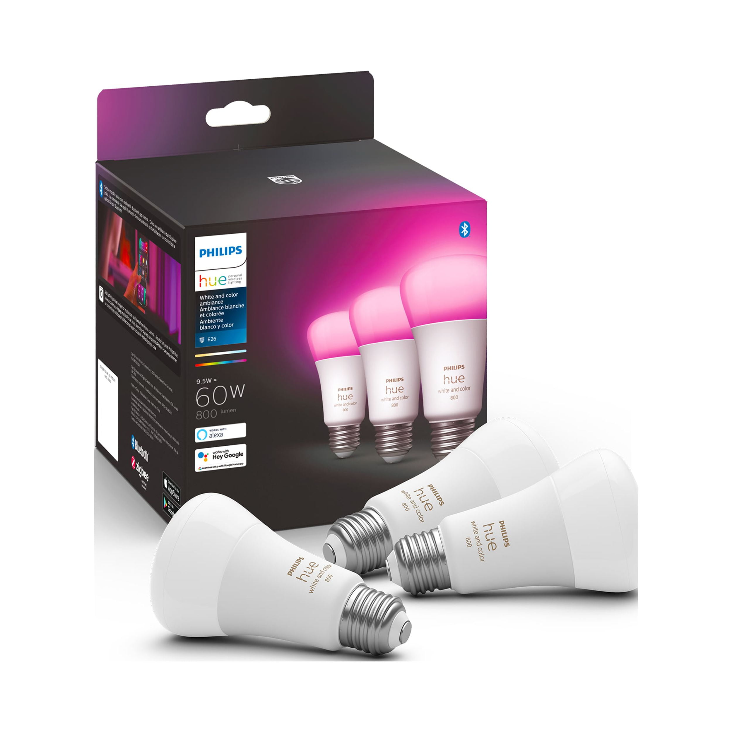 Philips Hue 3-Pack A19 Bluetooth LED Smart Bulbs, White and Color