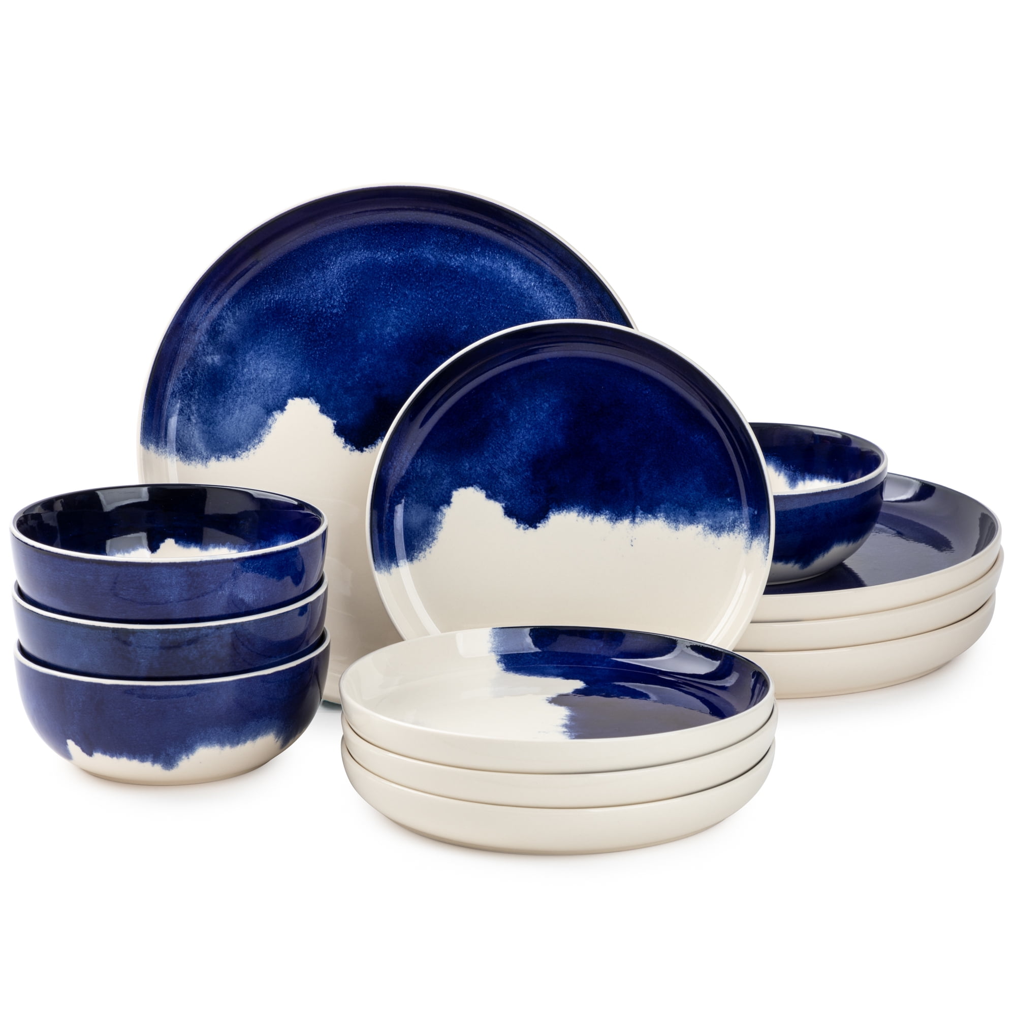 Thyme & Table Blue Drip 12-Piece Ceramic Dinnerware Set - Walmart.com