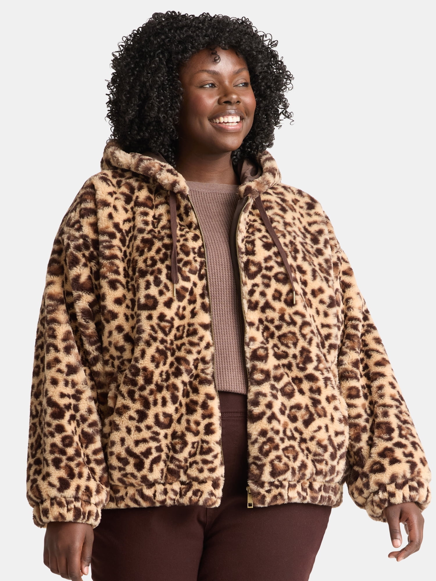 Time and Tru Women's and Women's Plus Faux Fur Hoodie Jacket