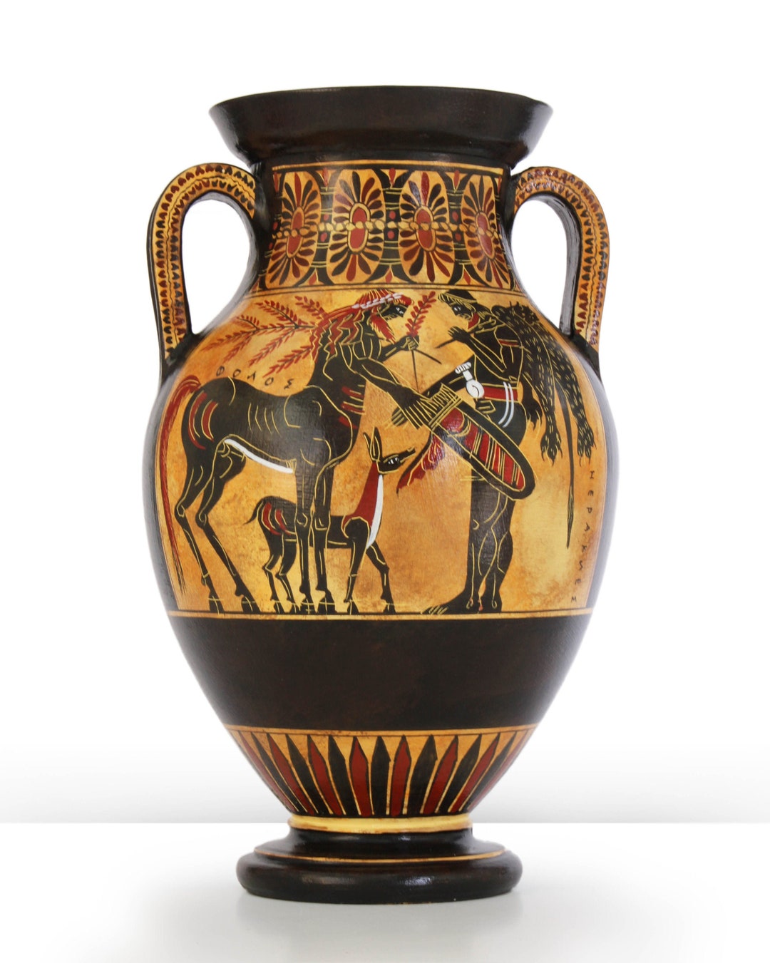 古代ギリシャの花瓶レプリカ 黒像式腹型アンフォラ アテナとヘラクレス