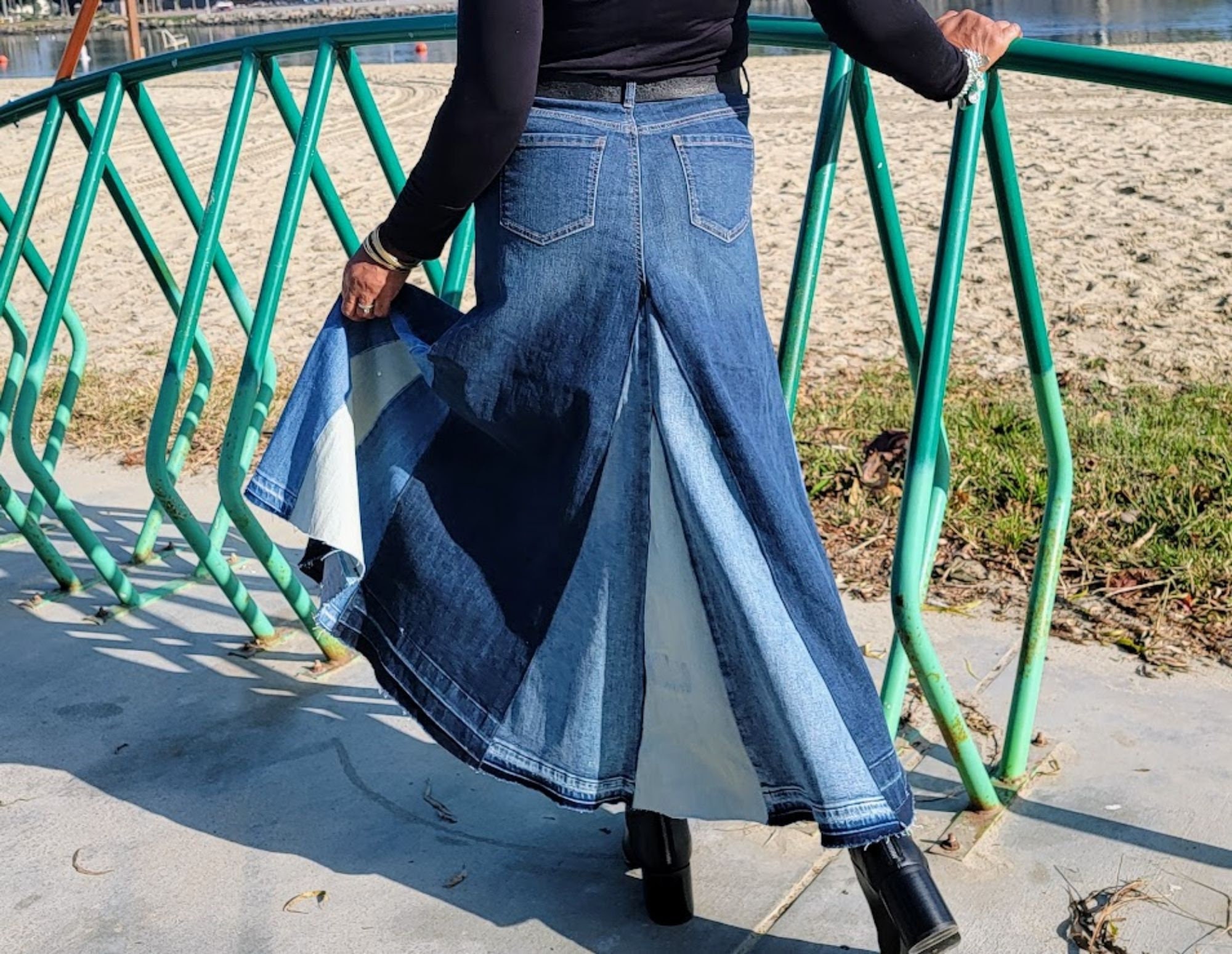 Swing Denim Maxi Skirt, Flared Pieced Jean Skirt, Redesigned