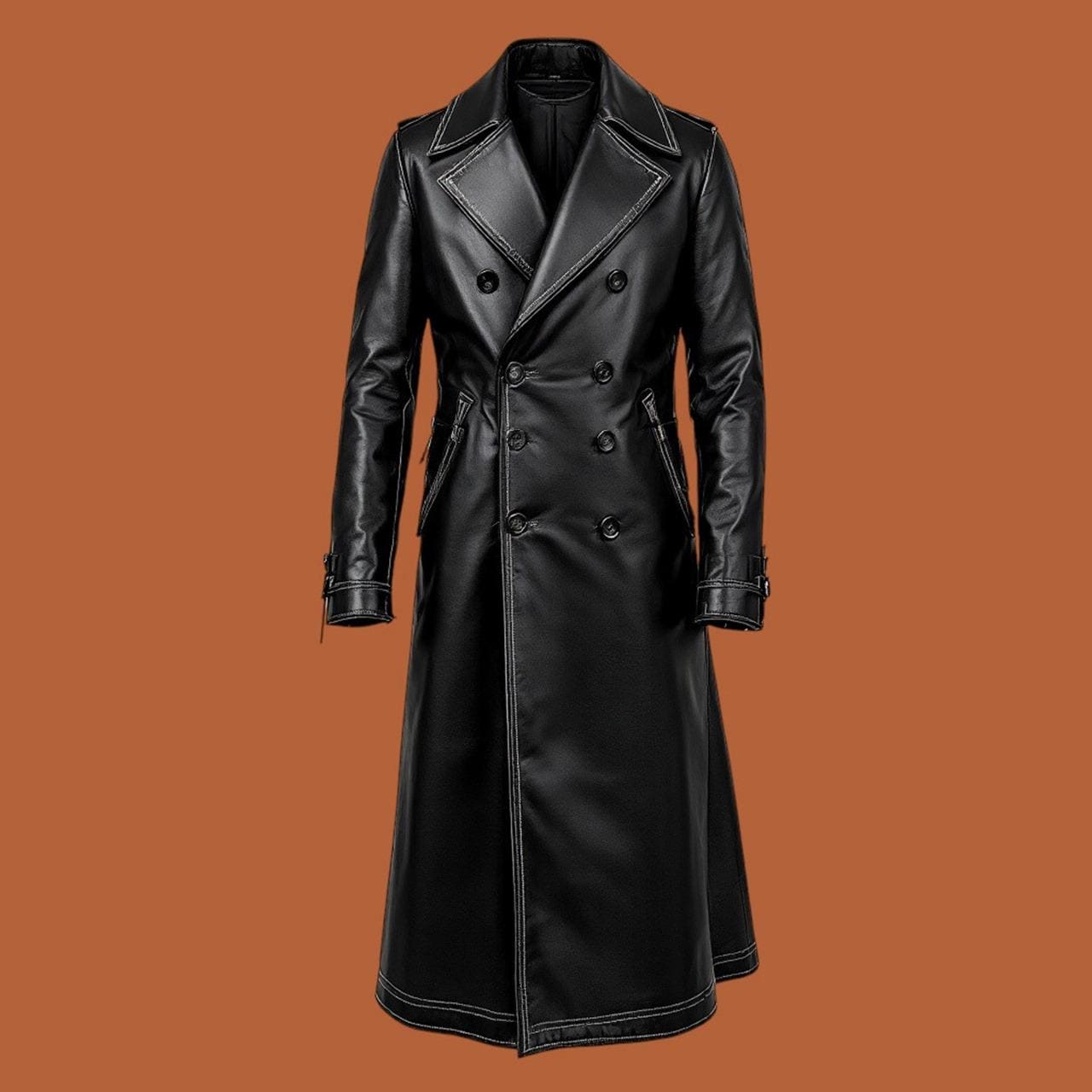 Real Leather Handmade Trench Coat for Men Handmade Black Leather
