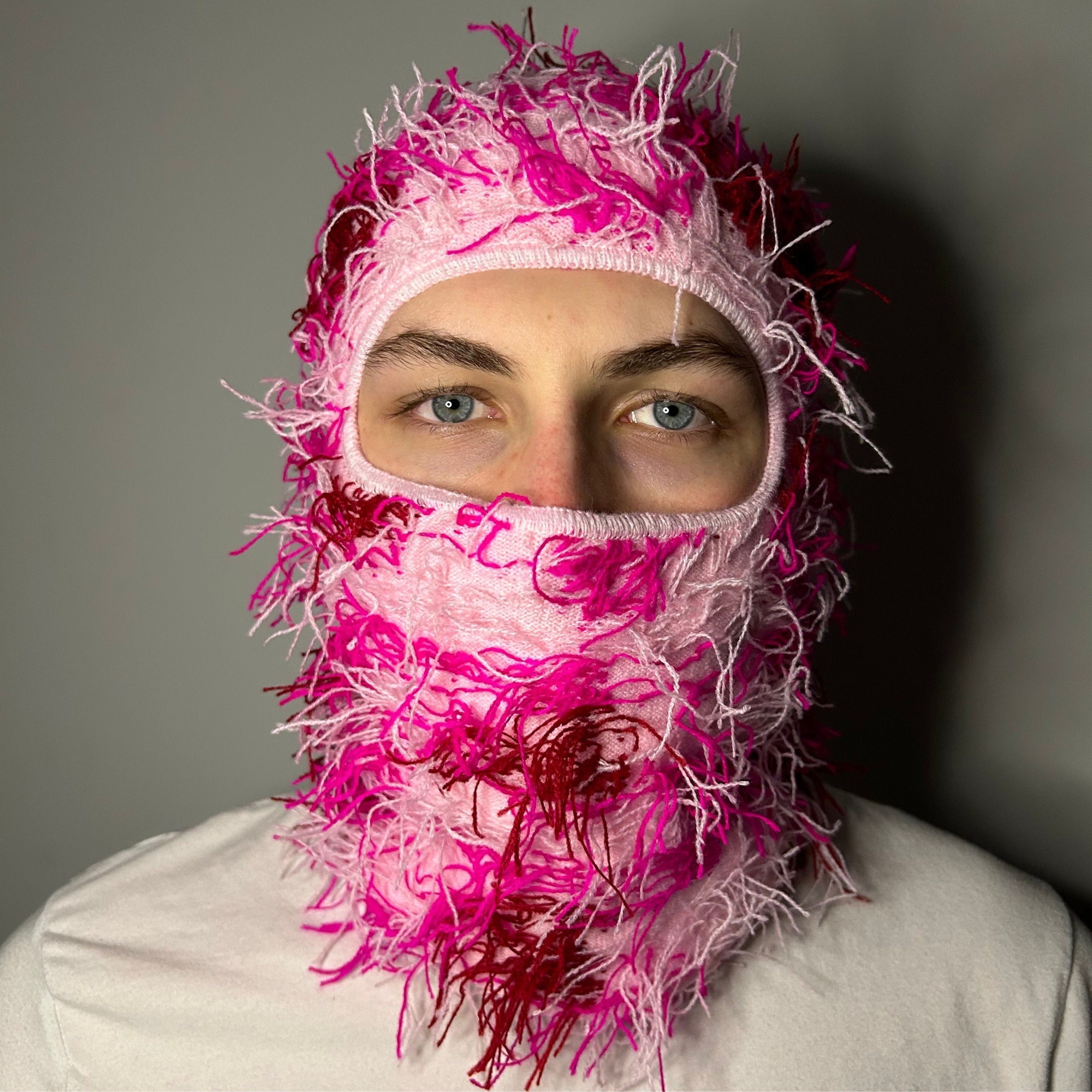Pink Distressed Balaclava Ski Mask Soft Knitted Balaclava Rapper