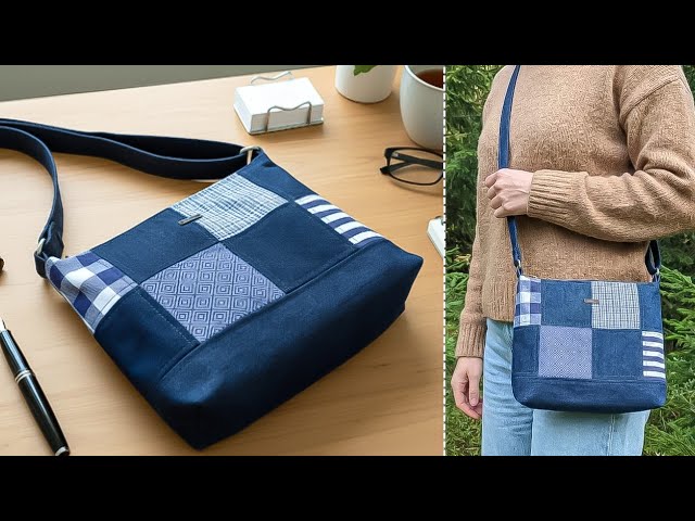DIY Denim and Printed Fabric Patchwork Crossbody Bag With Zipper