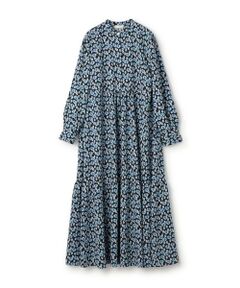 セール】 ブルリーフラワープリント クルーネックワンピース （ロング