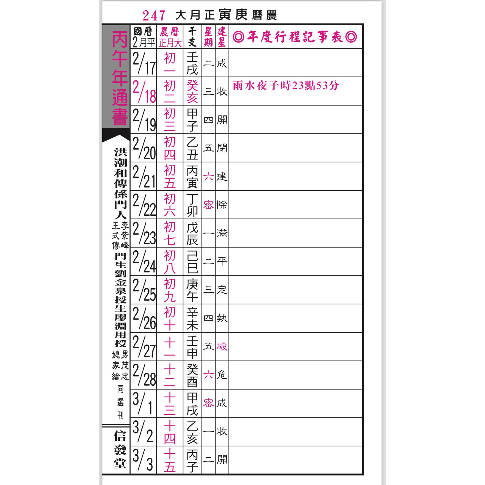 信發堂2026廖淵用通書便覽(大字版本) 雲林洪潮和擇日農民曆, 信發堂造