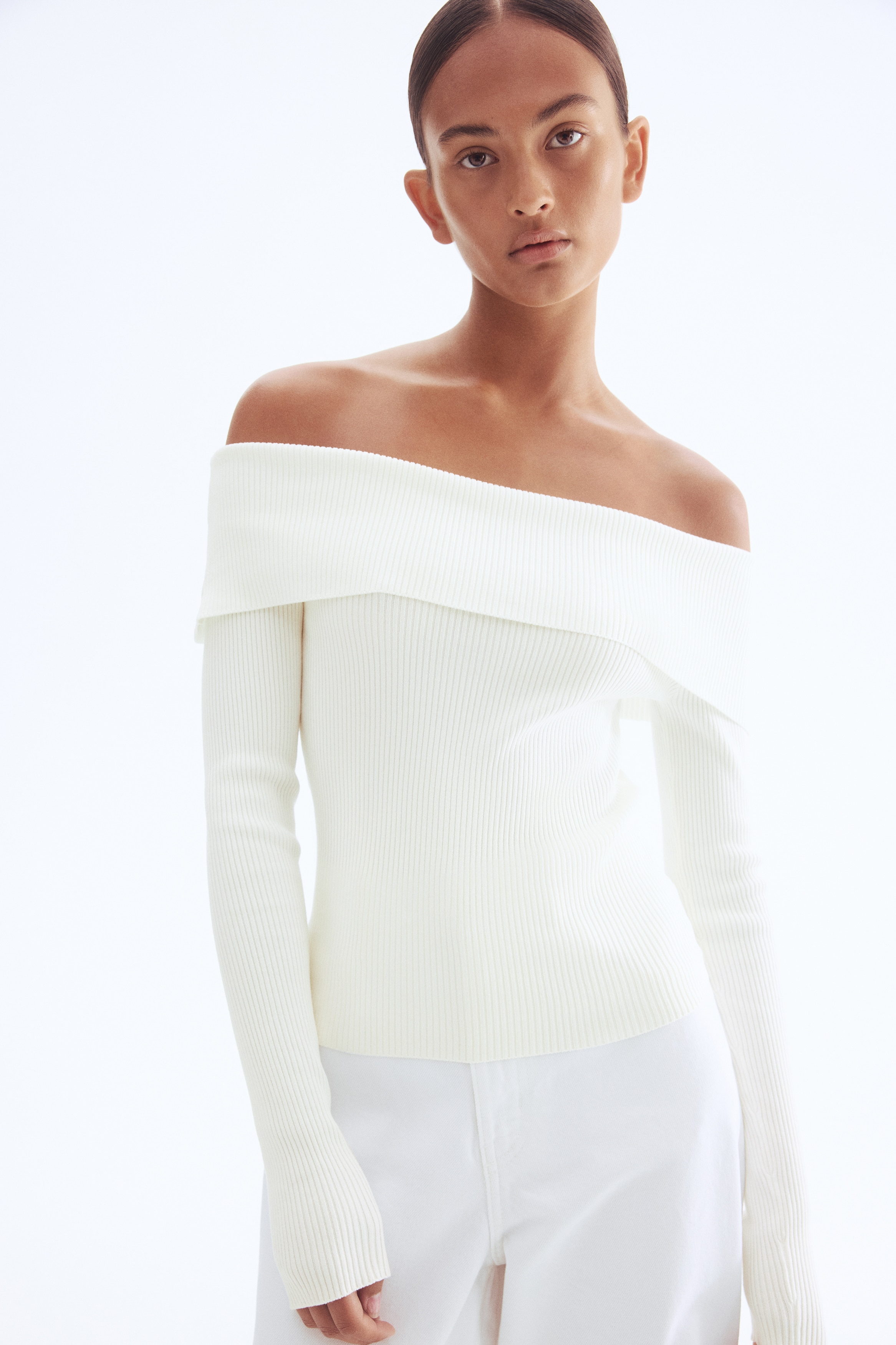 Rib-knit Off-the-shoulder Top - White - Ladies | H&M US