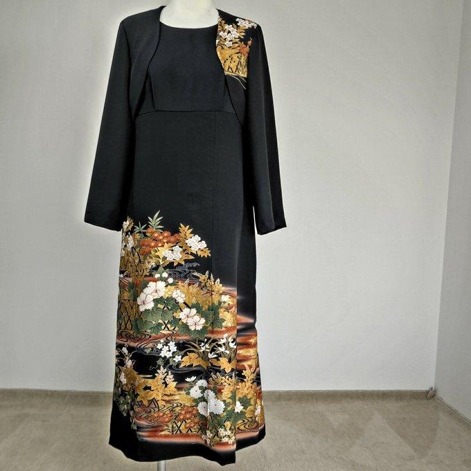 留袖ドレス ノースリーブ ボレロ長袖付 着物リメイクワンピース 金彩と