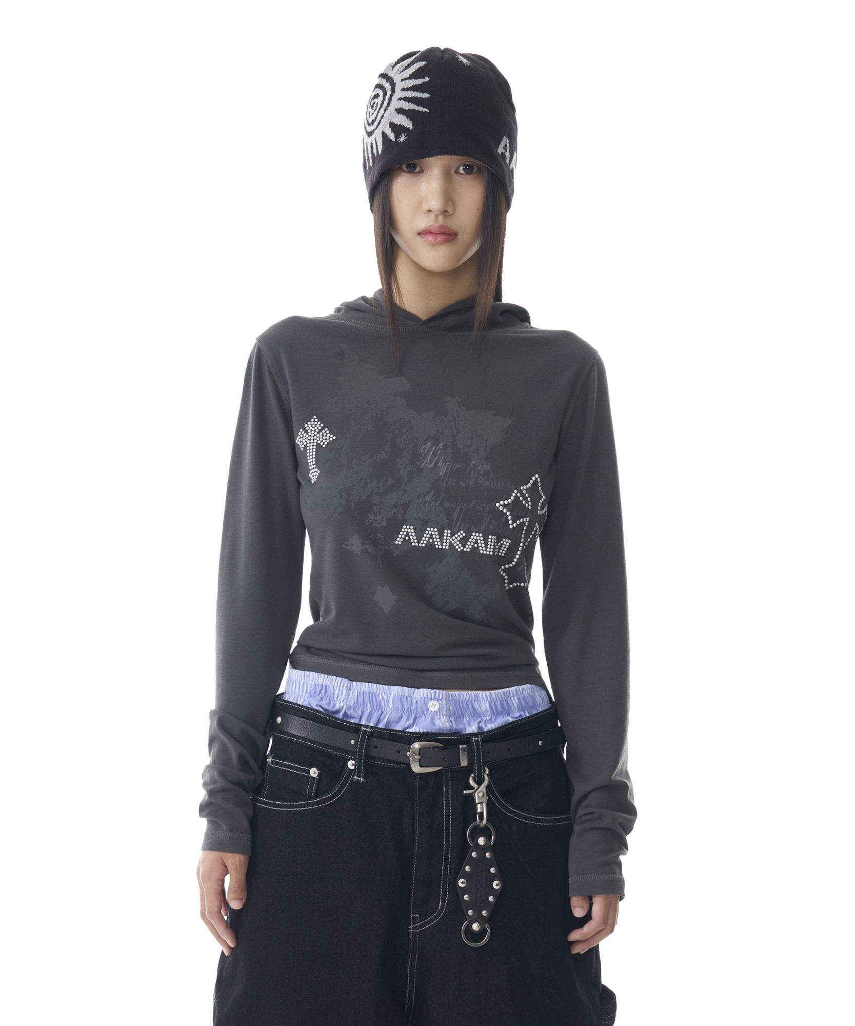 MUSINSA | AAKAM Studded Cross Hooded Long Sleeve (Dark Gray)