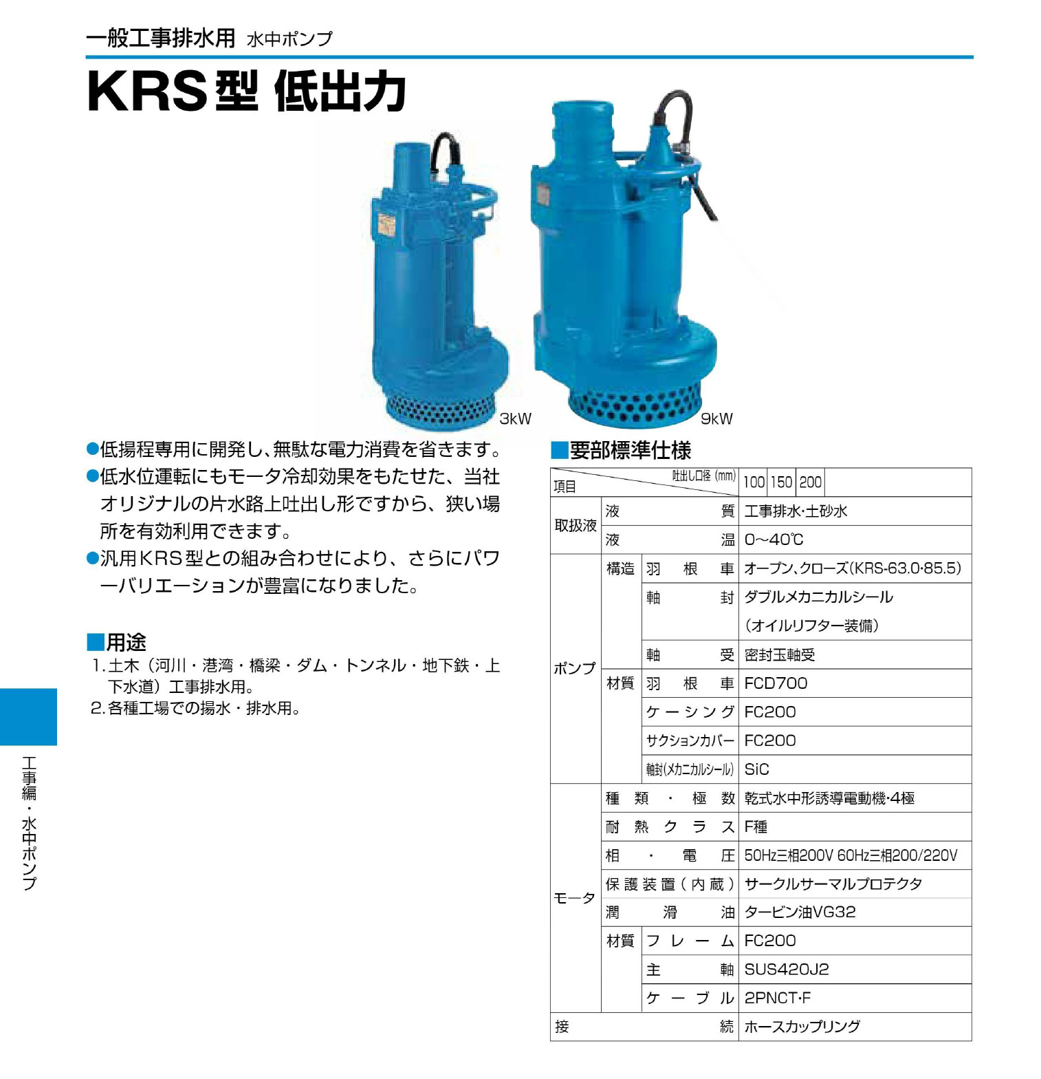 ツルミ〉KRS69.0 60Hz 西日本用 一般工事排水用 水中ポンプ KRS型 低