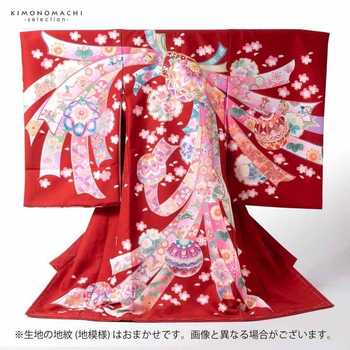 女の子のお宮参り産着 祝い着「レッド 鞠に束ね熨斗」日本製 一つ身 一