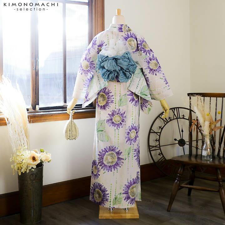 みすゞうた・みすずうた 浴衣「水辺の木」グレー×パープル 綿絽 身丈163