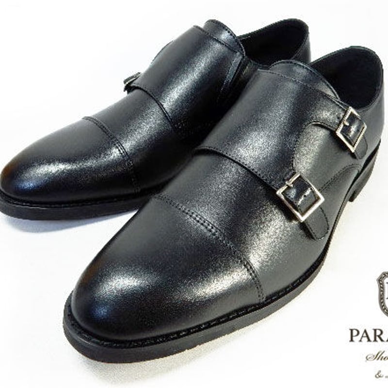 PARASHOE 本革 ダブルモンクストラップ ビジネスシューズ 黒 3E 22cm
