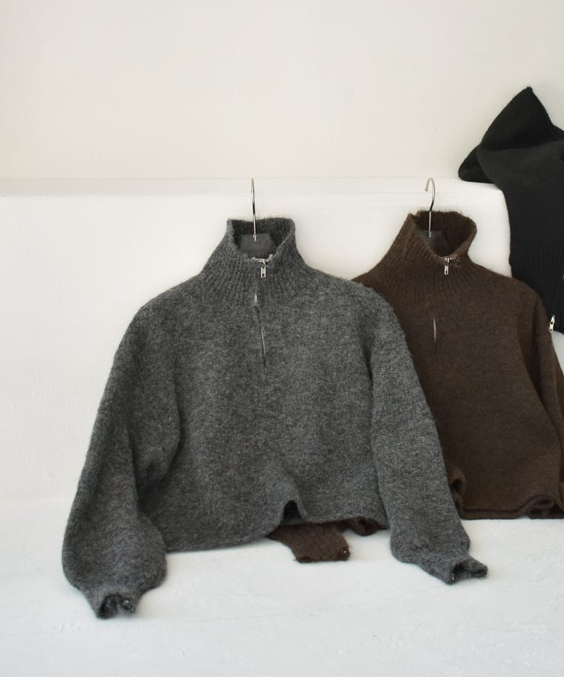 knit-02312 ハーフジップ ニット プルオーバー グレー ブラウン