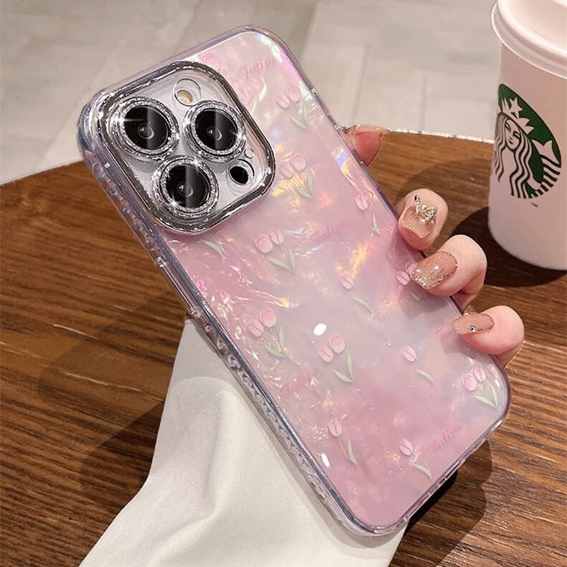 ピンク iPhone15/15proケース シェル風 チューリップ キラキラレンズ