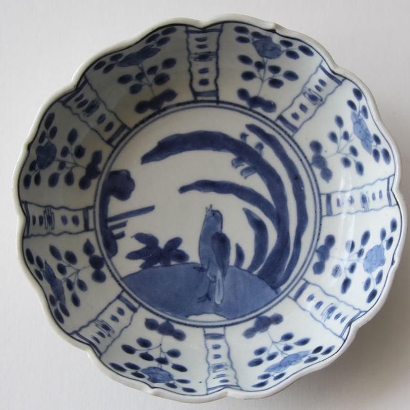 Ps-47 古伊万里 KOIMARI 染付 芙蓉手 花卉鳥文 輪花皿 2枚セット