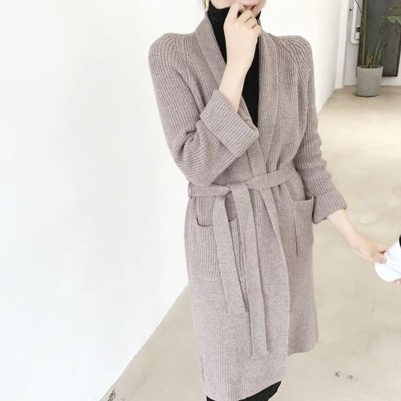 取り寄せ品】セルフタイ付き ノーカラー ワンカラー ニット ロング