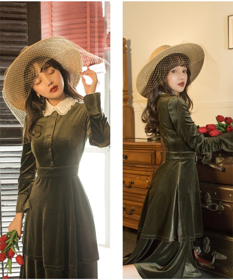 白のドールカラー モスグリーンベルベットのレトロ ロングワンピ―ス XL