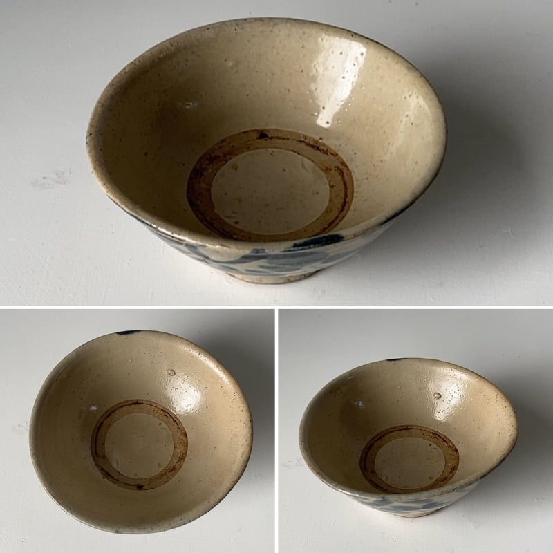 A 古琉球 やちむん 4.5寸マカイ 古作 登窯 花唐草 呉須色 沖縄 焼物