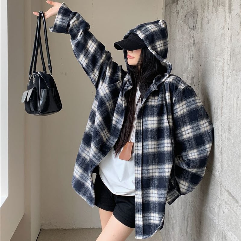 フード付き チェックシャツ パーカー チェック柄 シャツ ウール