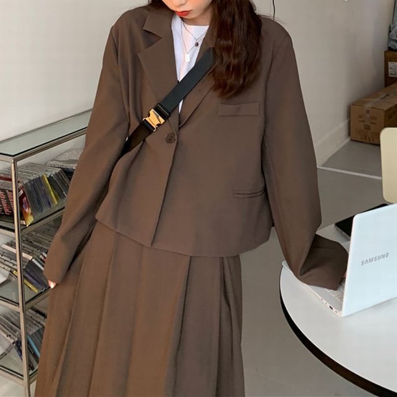 セットアップ ジャケット プリーツスカート ブラウン ロングスカート