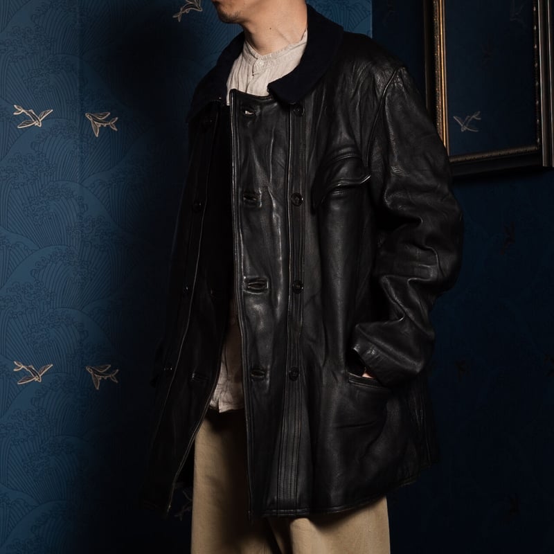 40s-50s France Vintage MTVC Leather Jacket Wool