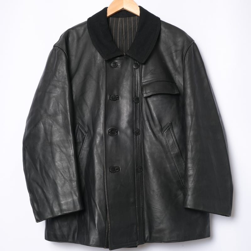 40s-50s France Vintage Leather Jacket Wool Coll