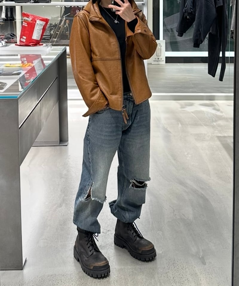 pre-order］hooded leather blouson(camel) | ok.soon