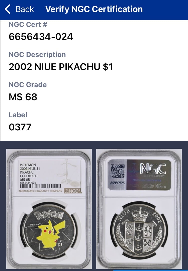 NGC鑑定MS68 ニウエ 2002年 ポケモン ピカチュウ カラー版 1ドル