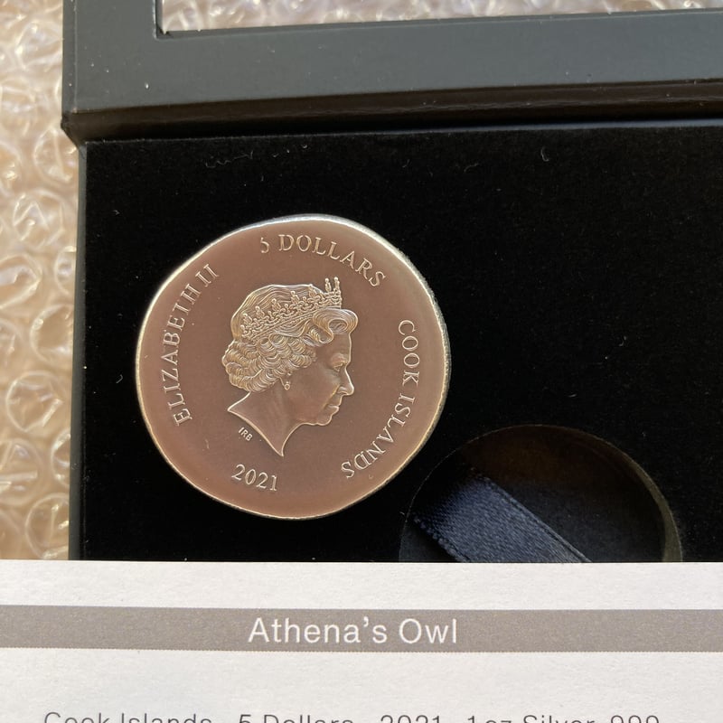 アテネ フクロウ銀貨 $5 1オンス銀貨 クック諸島 アンティーク仕上げ