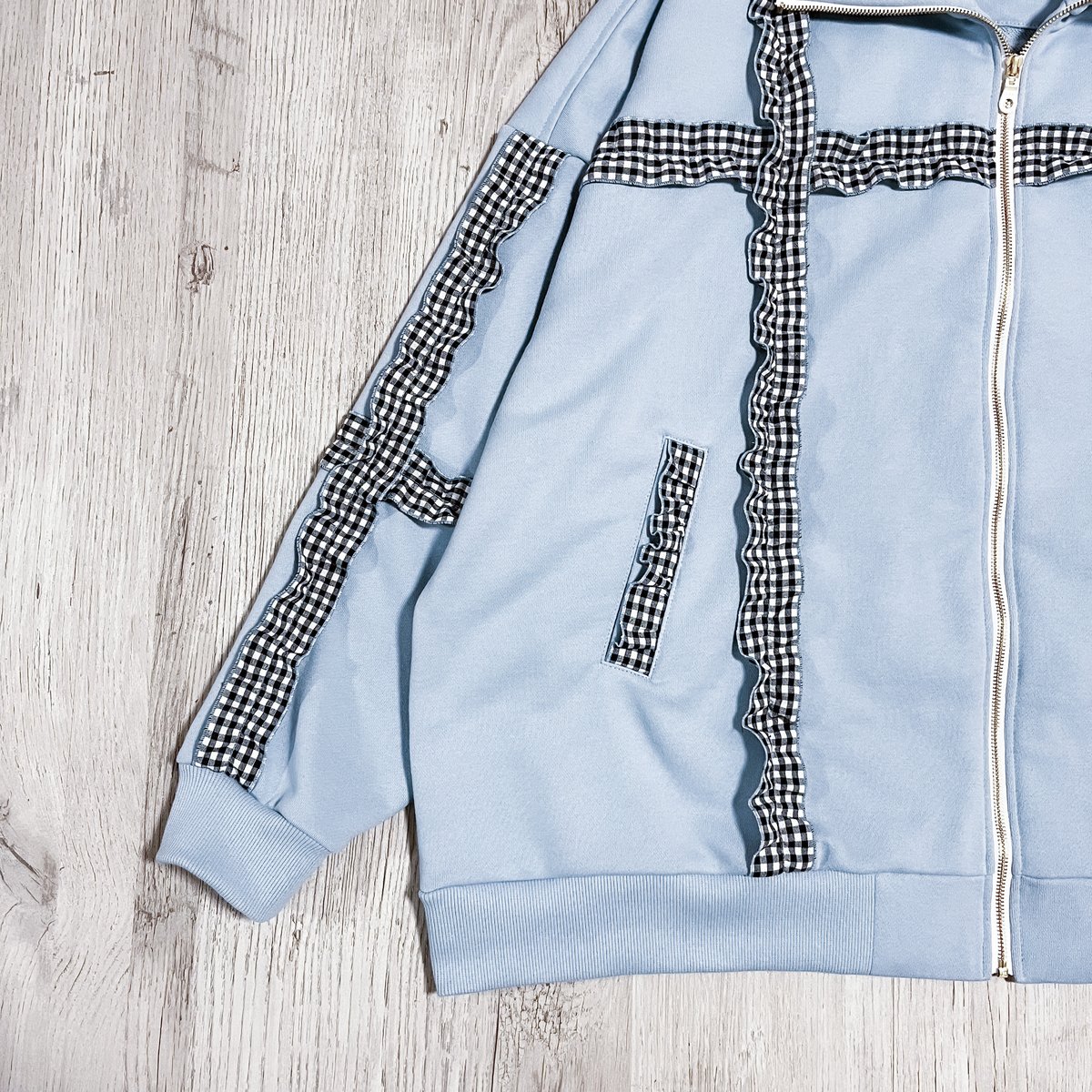 【試着のみ】 satoi フリルハイネックパーカー ライトブルー フリルチェックハイネックパーカー<light blue × black> | satoi