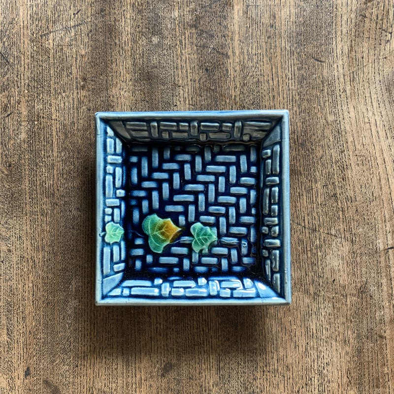 珉平焼 角小皿 豆皿 小皿 蔦柄 ターコイズブルー 陶器 和食器 古道具