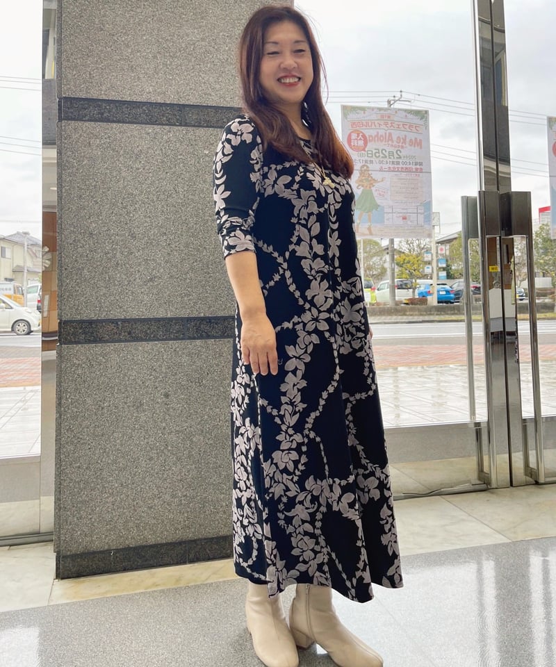 44300 ガーデニアピカケ柄ベアジョーゼット7分袖ワンピース | Pikake