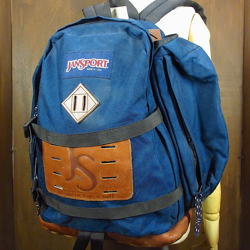 ビンテージ80's○JANSPORTボトムレザーナイロンバックパック紺