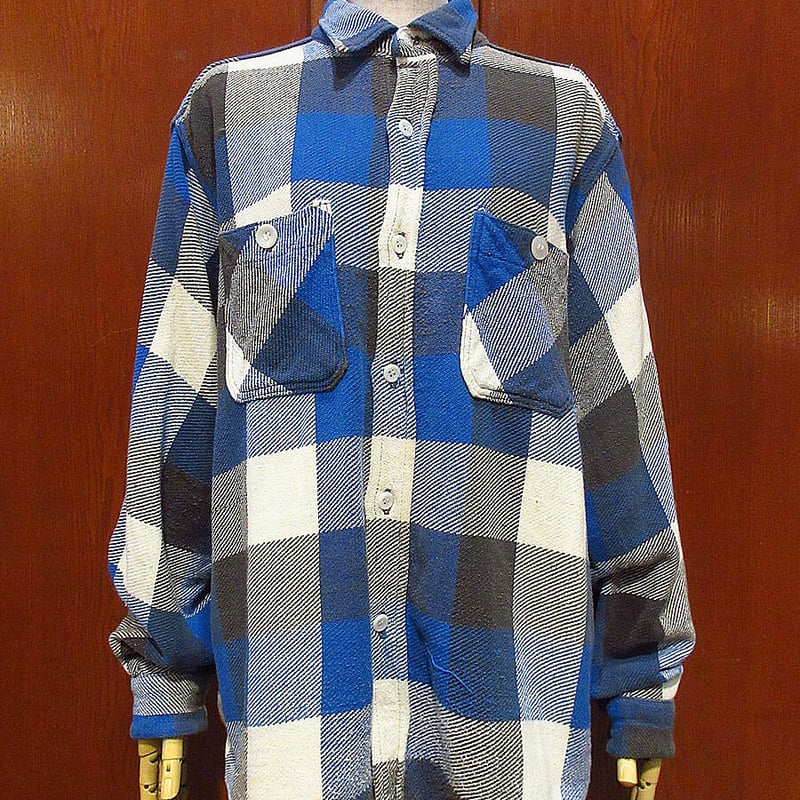 ビンテージ60's○WINTER Kingチェックヘビーネルシャツ青○230226i3-m-l