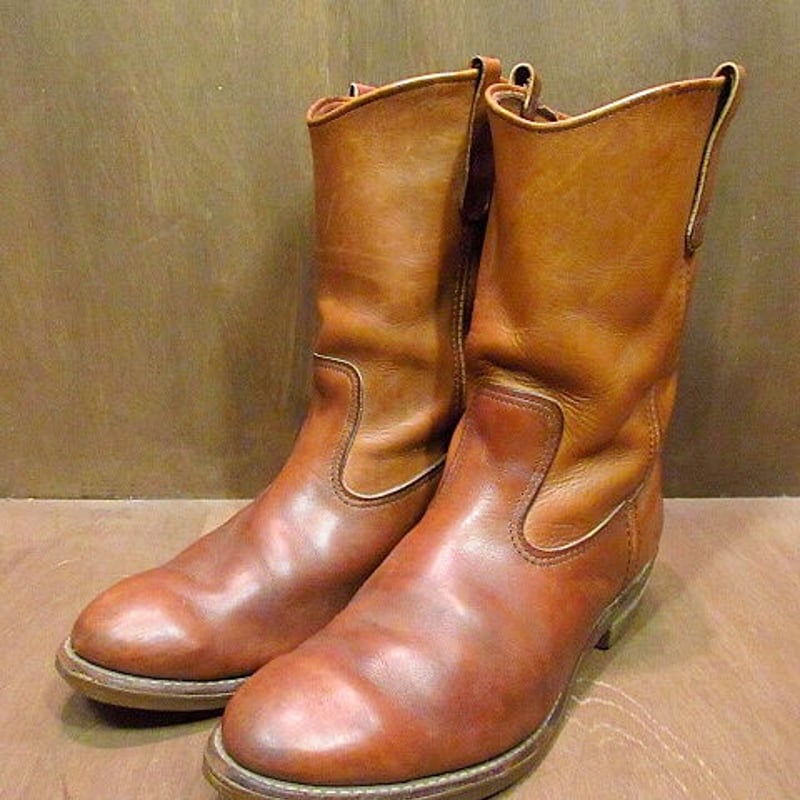 ビンテージ70's80's○RED WING プリント羽根タグペコスブーツ茶 Size