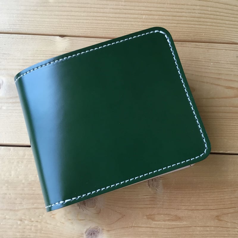 コードバングリーン×ナチュラル牛革 二つ折り財布 小銭入れあり