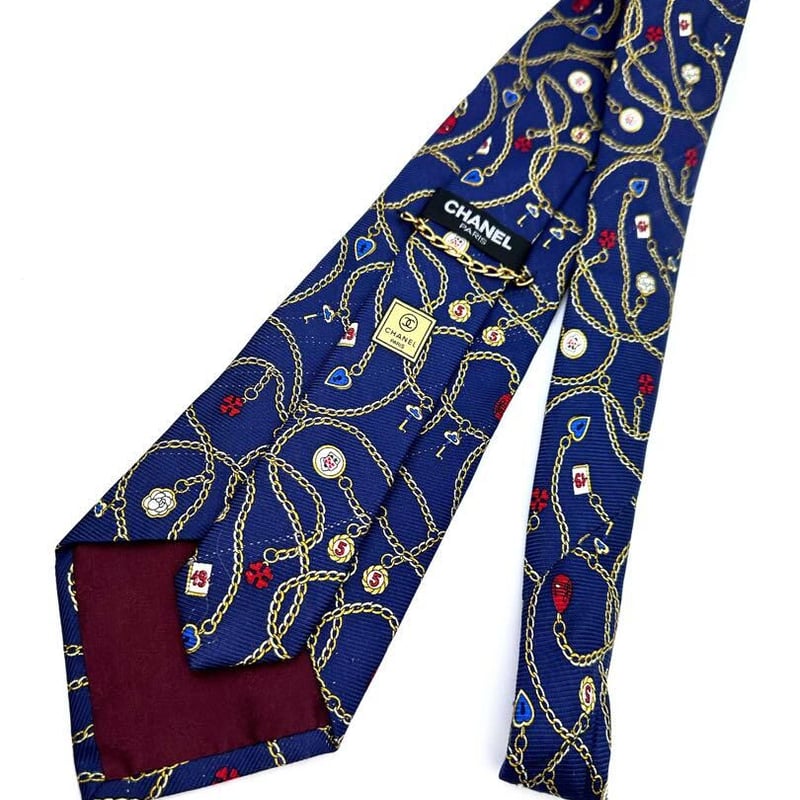 CHANEL シャネル シルク100% カメリア チェーン付き ネクタイ 青系
