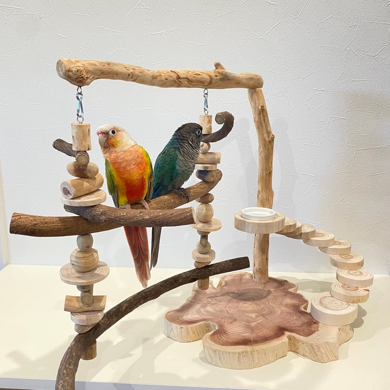 ブランコと螺旋階段のバードアスレチック【インコのおもちゃ・自然木の