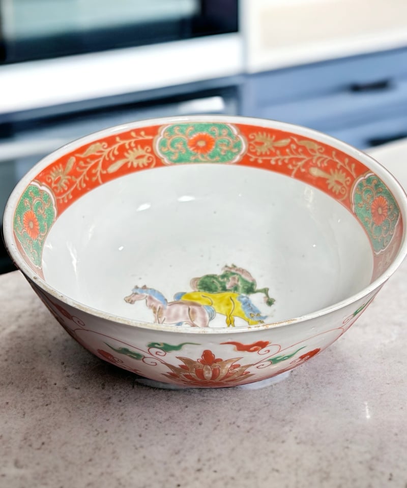 色絵 大鉢 [馬 雲 紋 花柄] 盛り皿 飾り皿 大皿 大深鉢 中華風 和食器