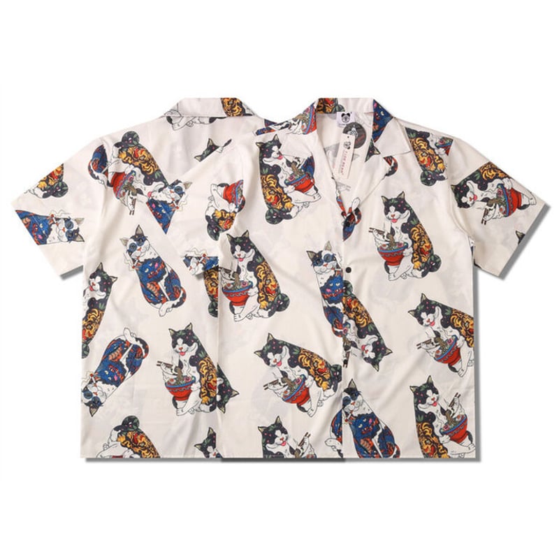 アロハシャツ 猫 総柄 襟付き シャツ 半袖 トップス 夏 | eiron