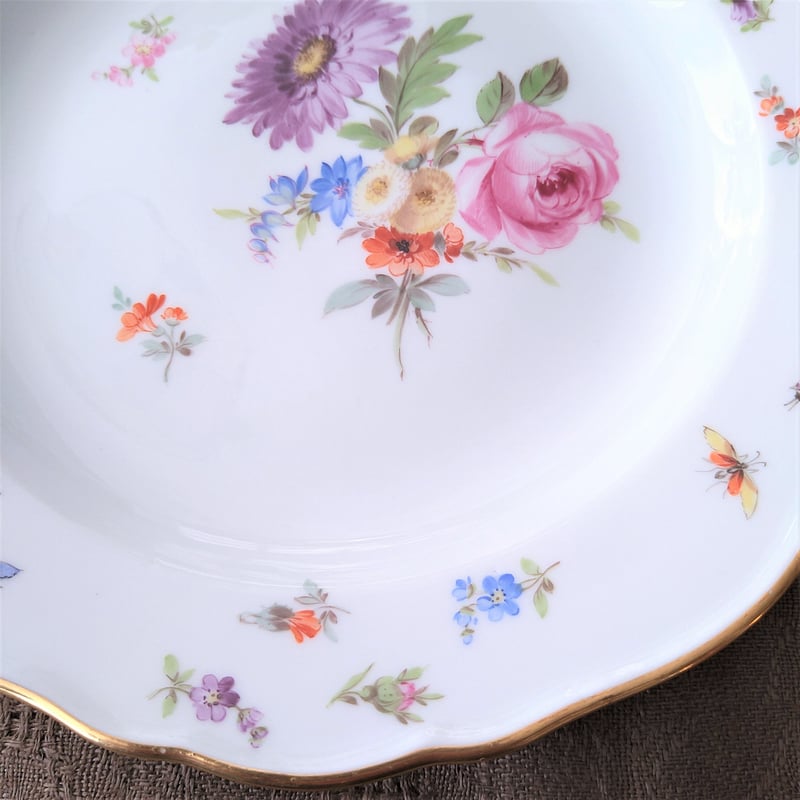 1860～1924年Meissen花と昆虫の絵の前菜皿21㎝D紫のアスターとバラ