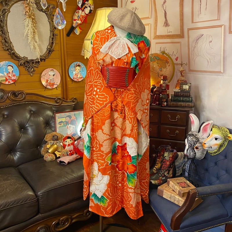 和洋折衷 絞り振袖 着物 リメイク ロング丈 ワンピース ドレス