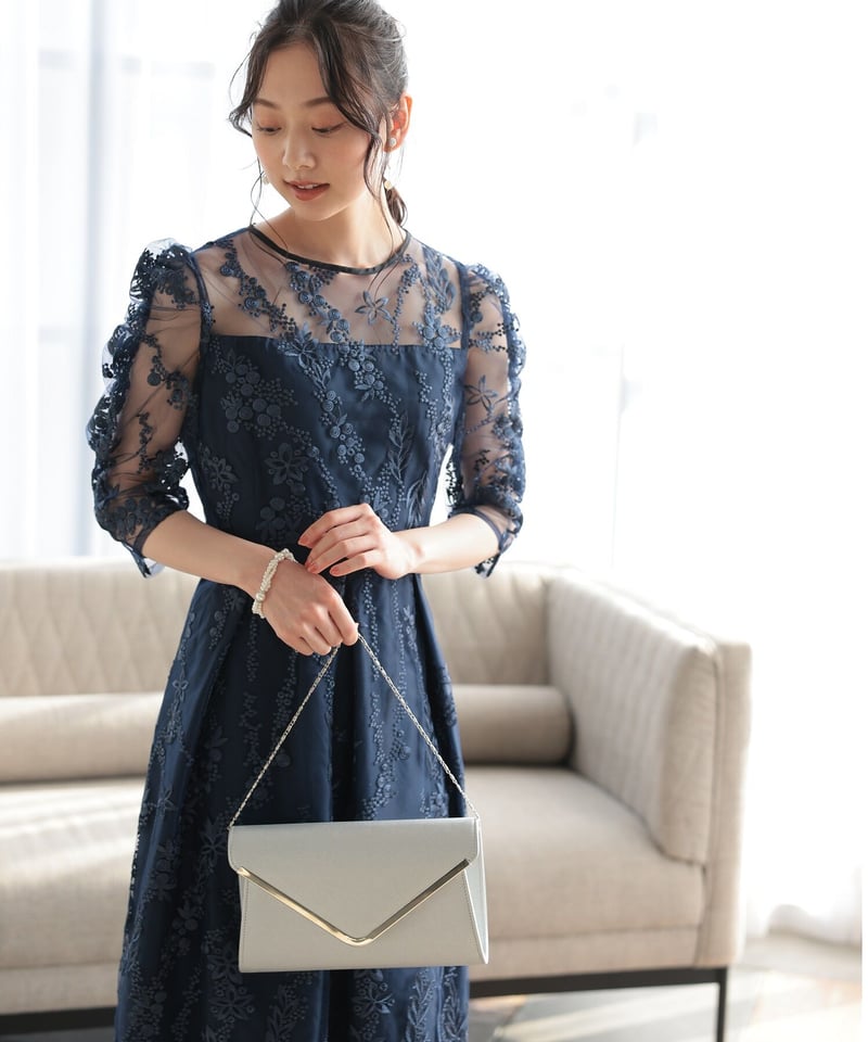 PREFERIR】刺繍 レース バックリボン 結婚式 パーティ ドレス(ネイビー