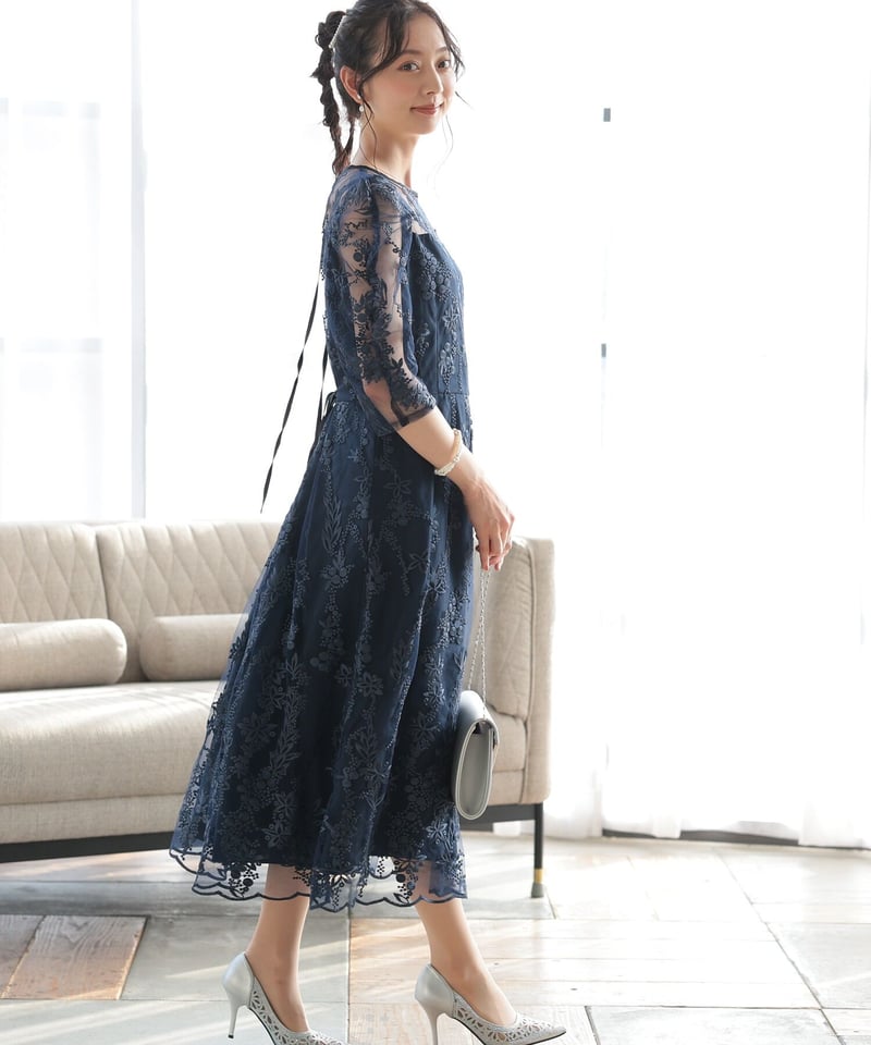 PREFERIR】刺繍 レース バックリボン 結婚式 パーティ ドレス(ネイビー