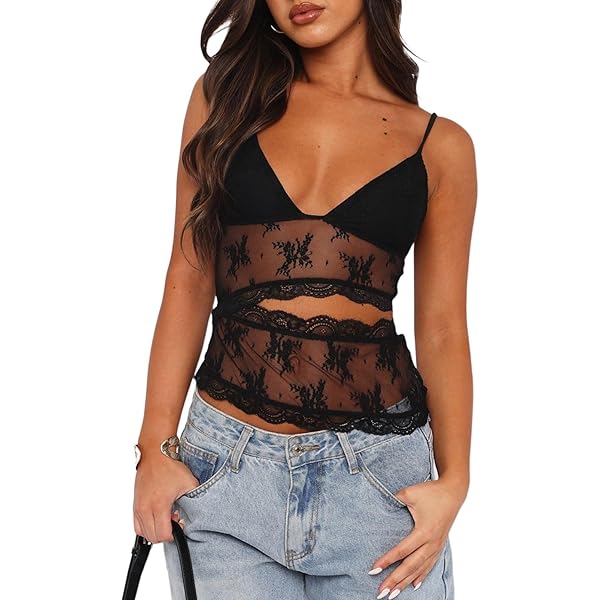 Women Y2K Lace Tank Top Spaghetti Strap See Through Camisole
