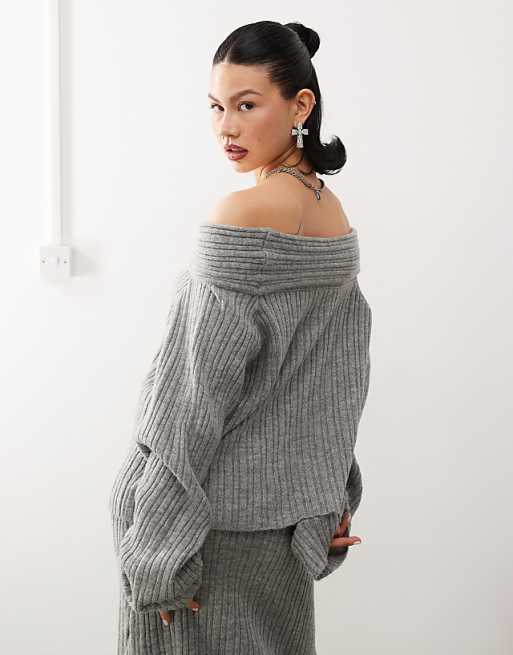 COLLUSION knitted ribbed off the shoulder sweater in charcoal