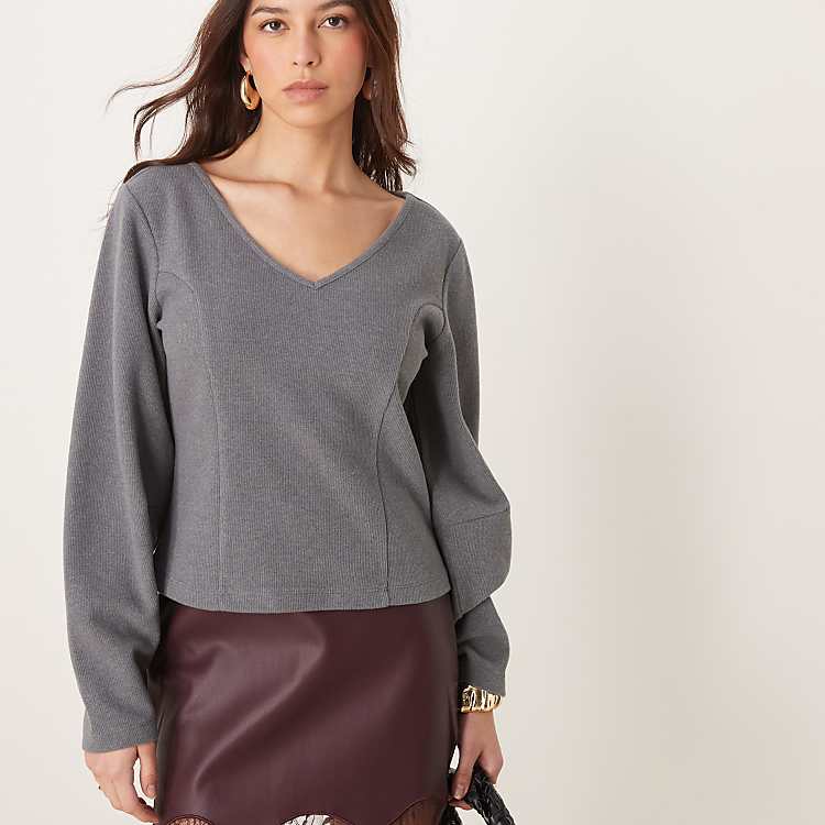 ASOS DESIGN cocoon brushed v neck top in light gray | ASOS