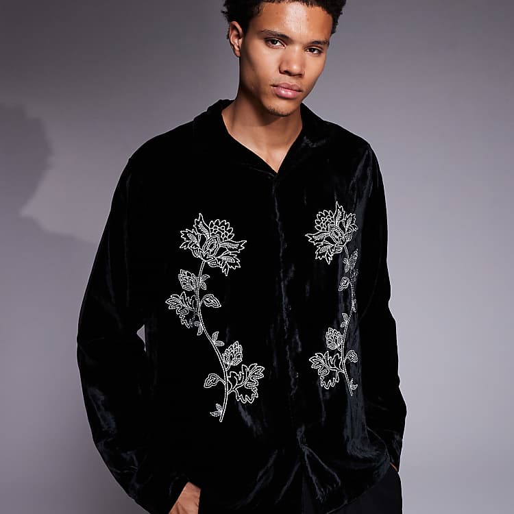 ASOS DESIGN relaxed velvet shirt with floral embroidery in black